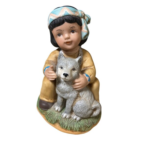 Homco Art Bisque Porcelain Native American Boy Figurine With Wolf Cub 1428 - Picture 1 of 13